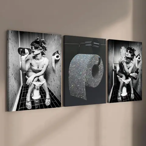 Framed Canvas Painting, 3 Counts Bathroom Woman Pattern Modern Wall Decor, Modern Home Decoration, Wall Art for Home Living Room Bedroom Office, Decorative Artwork