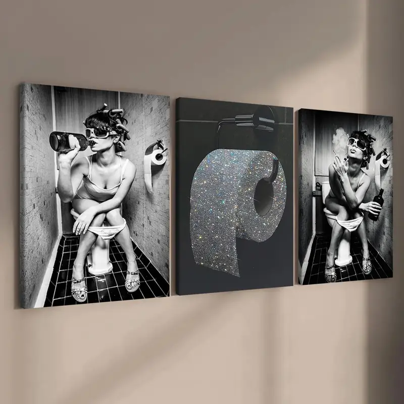 Framed Canvas Painting, 3 Counts Bathroom Woman Pattern Modern Wall Decor, Modern Home Decoration, Wall Art for Home Living Room Bedroom Office, Decorative Artwork