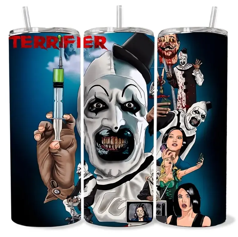 Terrifier Art the Clown 20oz Skinny Tumbler, Horror Movie Stainless Steel Vacuum Insulated Coffee Cup, Hot & Cold Travel Tumbler, Halloween Slasher Fan Gift