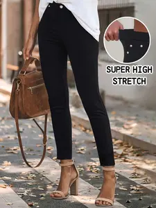 Women's High Waist Super Stretch Jeans, Elegant Straight Leg Design, Metal Buttons Front and Back, Suitable for All Seasons