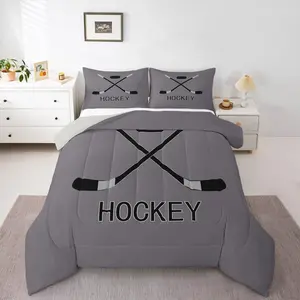 Teens Ice Hockey Comforter Set,Winter Sports Games Down Comforter for Kids Boys Adult Young Men,Equipments Stick And Puck Duvet Set,Hockey Bedding Set