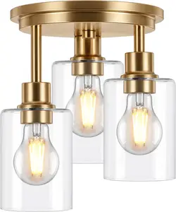 Semi Flush Mount Ceiling Light, 3-Light Close to Ceiling Light Fixtures, Brass Gold Finish Kitchen Light Fixtures with Clear Glass Shade Patriot Lighting for Entryway Porch Hallway, 8.8"X11"