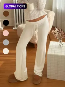 Women's Solid Adjustable Drawstring Foldover Waist Straight Leg Fitted Pants, Pants for Women, Fashion Casual Style Drop Waist Trousers For Daily Outdoor Wear, Women's Bottoms, Womenswear