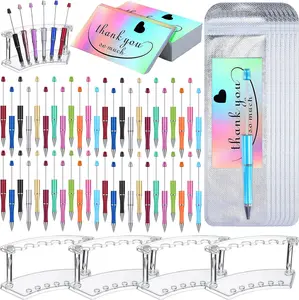 148 Pcs Beadable Pen Set Back to School Gift,Including 48 Plastic Beadable Pen,48 Resealable Pouch Bag,48 Thank You Cards,4 Pcs Plastic Pen Holder Clear Display Stand for Student,Hand Tools Kits