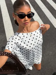 Women's Summer Knit Shoulder-Exposed Polka Dot Set, Casual Loose-Fitting Above-The-Knee, Sporty Fashion Ensemble