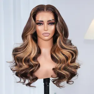 [4 Live] Arabella Hair H427# Chocolate Brown Wig with Honey Blonde Skunk Stripe Highlights 13x6 Ear to Ear Glueless Wig Body Wave 100% Human Hair Wig