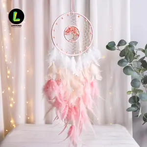 Pink-White Gradient Dreamcatcher: Tender Soothing Decor Tree of Life Wind Chimes Gravel Dream Catcher Feather Pendant, Pink Girl Heart Bedroom Window Sill Creative Home Decoration