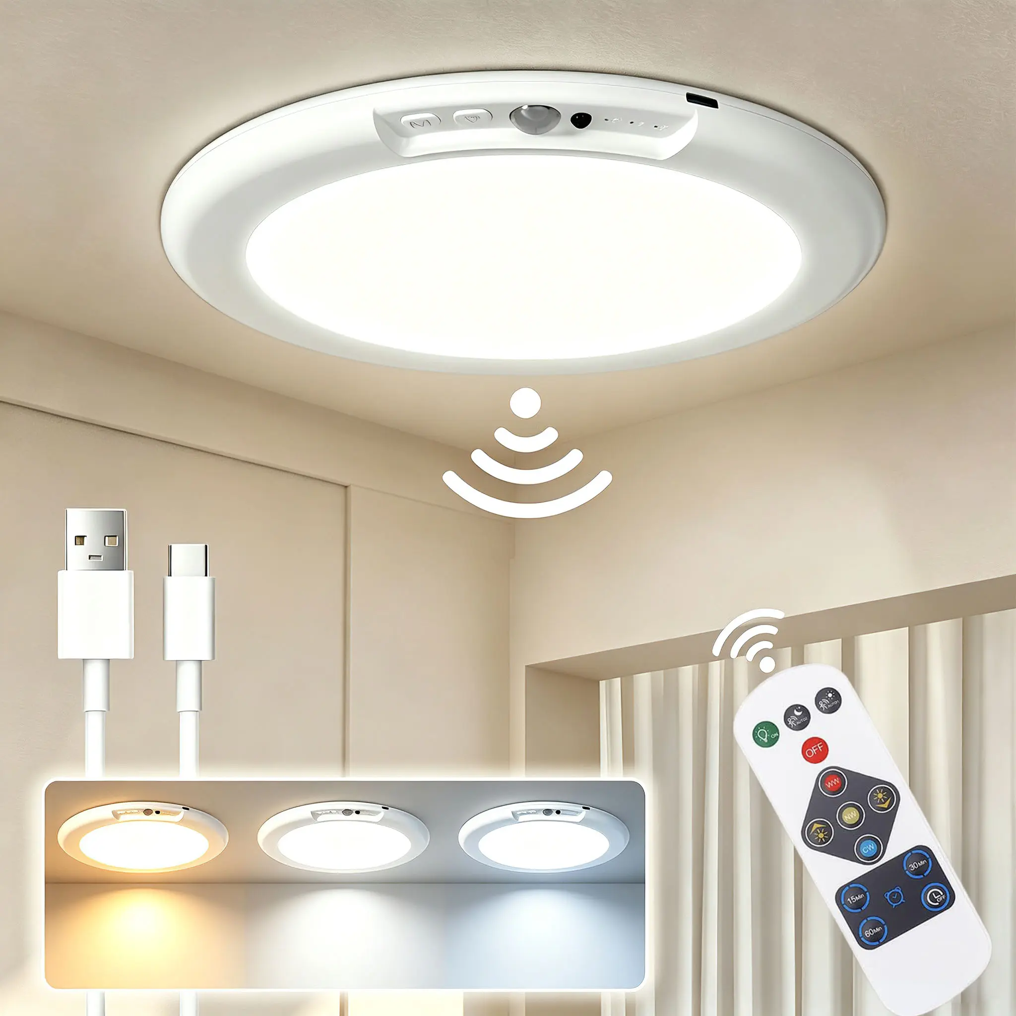 Rechargeable Waterproof LED Ceiling Light with Remote, Battery Operated Motion Sensor Magnetic Cordless Shower Overhead Lighting, No Wiring for Closet Hallway