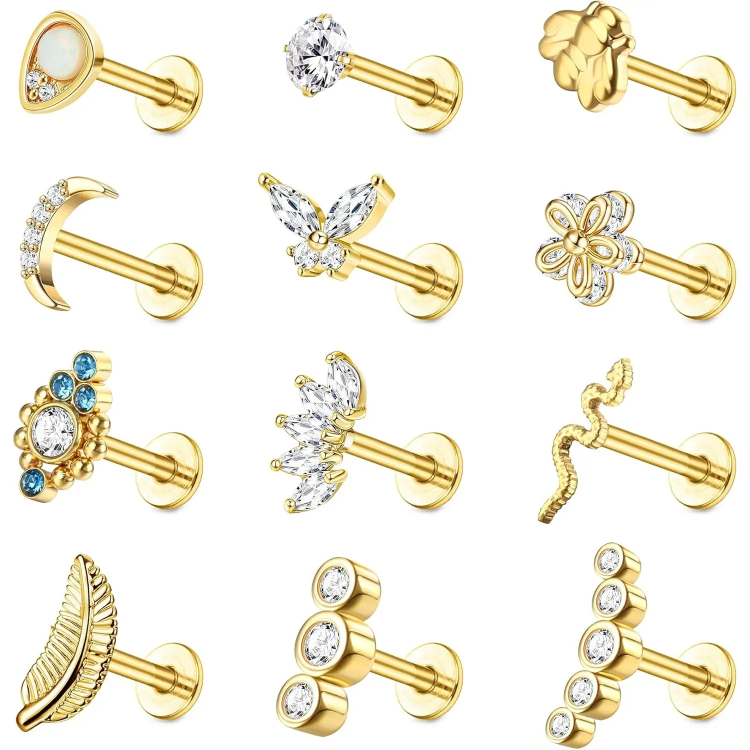 MILACOLATO 12PCS Women's Trendy Jewelry Set - 316L Stainless Steel 16G Internally Threaded Earrings & Lip Rings for Cartilage, Helix, Labret, Tragus, Conch Piercings