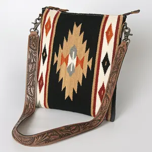 American Darling Large Cross body Bag for Women, Hand Tooled Floral Leather, Hand Woven Saddle Blanket, Genuine Leather Purse