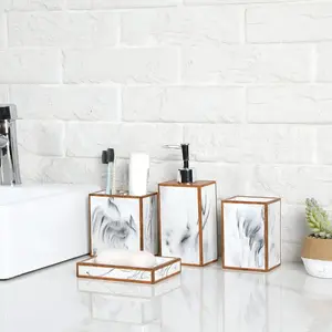 Marble Style, Dark Wood Rectangular Bathroom Accessories Set with Pump Dispenser, Tumbler, Toothbrush Holder, Soap Dish