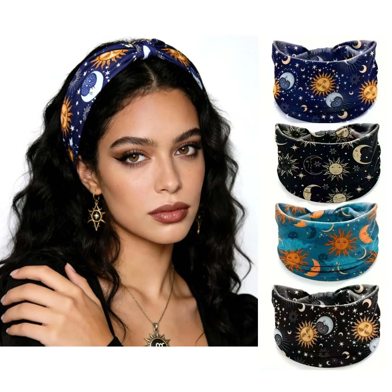 Women Headbands Stars Moon Wide Knotted Headband Non Slip Wraps Elastic Yoga Turban Fashion Hair Bands Soft Wrap Accessories for Pack of 4