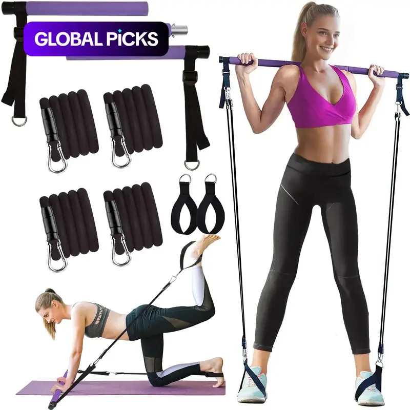Pilates Bar Kit with Resistance Bands, Portable Stretching Equipment for Legs, Hips and Squat Workouts, Adjustable 3-Section Pilates Bar for Home Workouts, Yoga Fitness Equipment for Women and Men