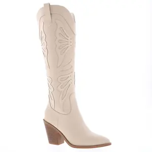 Emily Women's Cowgirl Western Boots Ivory Leather/Suede Detail Comfort Cushion Insole for Versatile Style