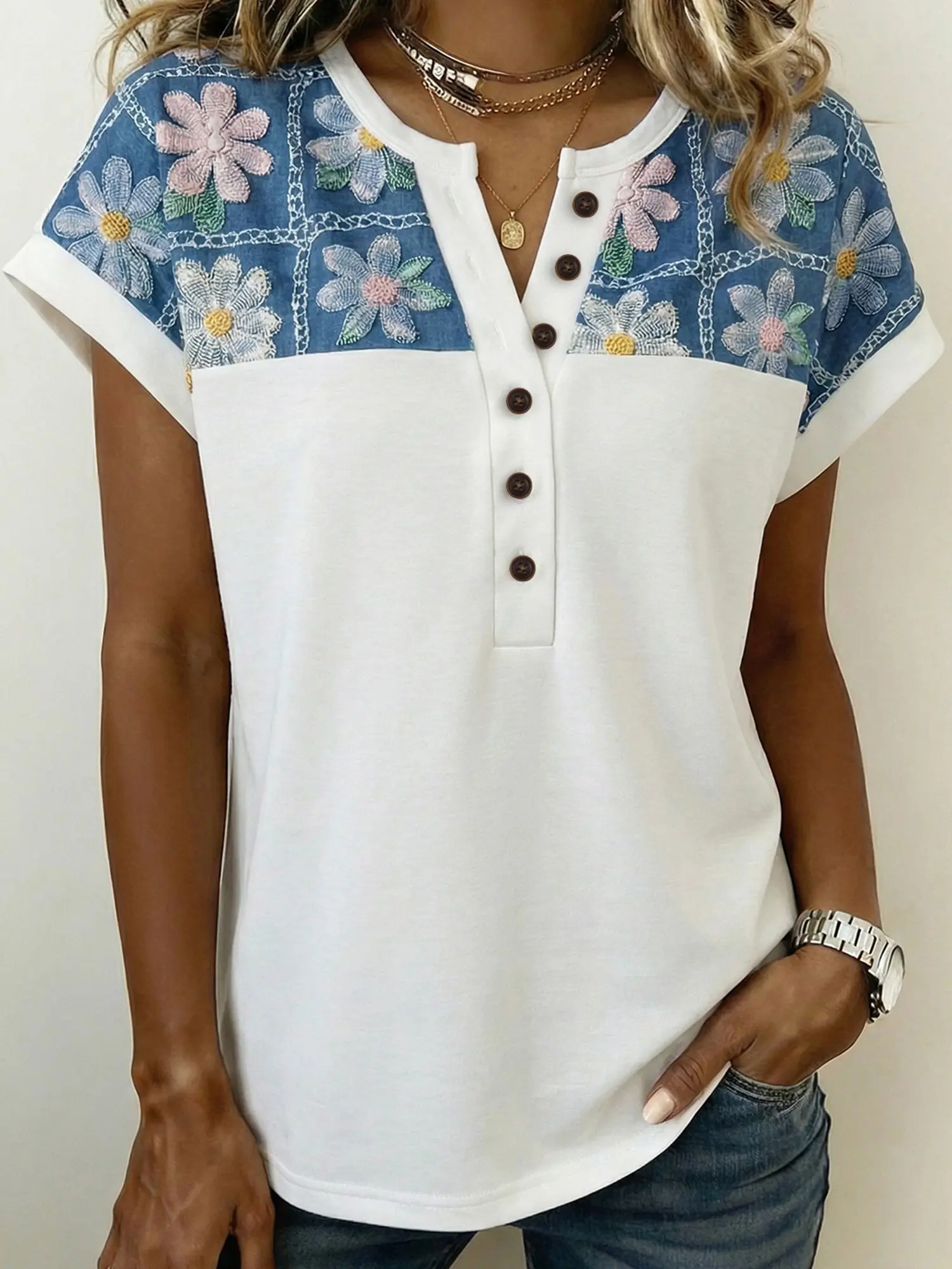 Floral Patchwork Short Sleeve Viscose Blend Blouse, Loose Silhouette Allows Easy Movement for Daily Activities.