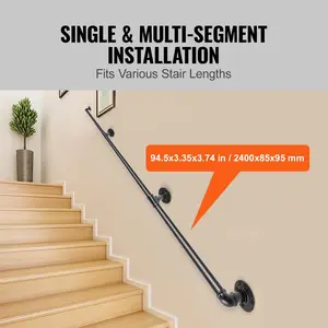 VEVOR Pipe Stair Handrail,  8FT Staircase Handrail, 440LBS Load Capacity Carbon Steel Pipe Handrail, Industrial Pipe Handrail with Wall Mount Support, Round Corner Wall Handrailings for Indoor, Outdoor