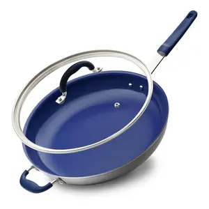 14" Nonstick Fry Pan with Lid | Ceramic Coating Skillet Frying Pan with Blue Silicone Handle - Safe for Gas, Electric, Induction Cooker, Ceramic & Counter Cooktops - Stylish Home Kitchenware