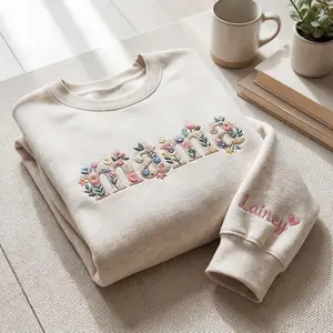 [FLASH SALE] Embroidered Mama Floral Sweatshirt, Custom Embroidered Kids Names on Sleeve, Mothers Day Gift Birthday Gift Mom