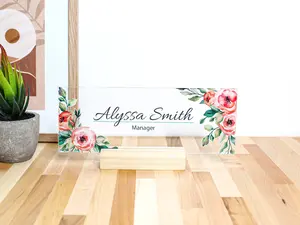 Personalized name plate for desk | floral wild clear acrylic glass | custom office decor nameplate sign | personalized gift