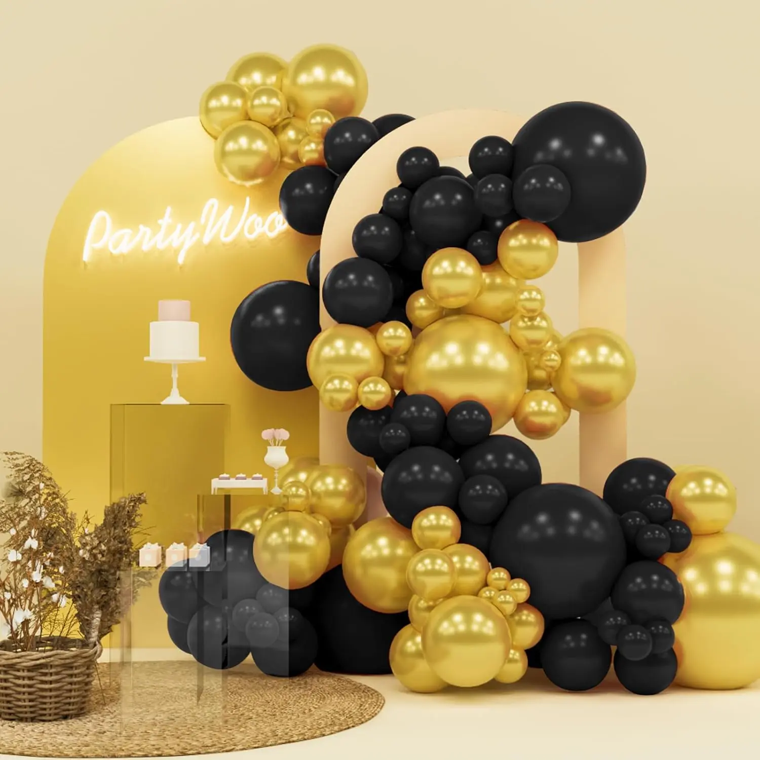PartyWoo Thick Round Rubber Balloon Arch Kit, 140pcs 18/12/10/5in Black & Metallic Gold Balloons for Birthday, Anniversary Party Decor Supplies, Balloon Decorations, Decorative Balloons Balloons