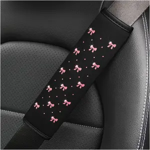 2PCS Rhinestone Cute Bow Comfort Vehicle Seatbelt Shoulder Pad Car Seat Belt Cover Diamond Automotive Interior Harness Neck Cushion Protector Accessories Universal Fit (Pink)