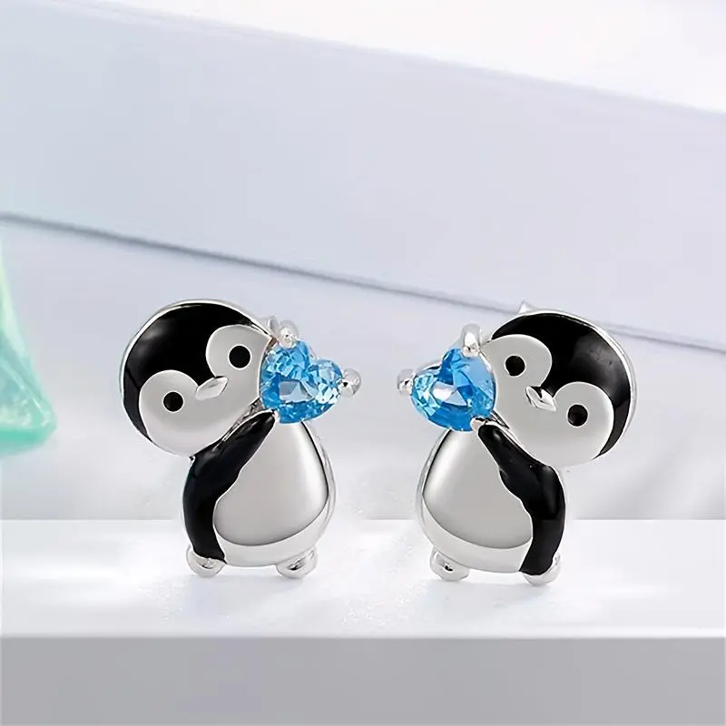 Casual Blue Penguin Stud Earrings, Cute Animal Theme Copper Jewelry for Women with Heart Detail, Fashion Christmas Gift
