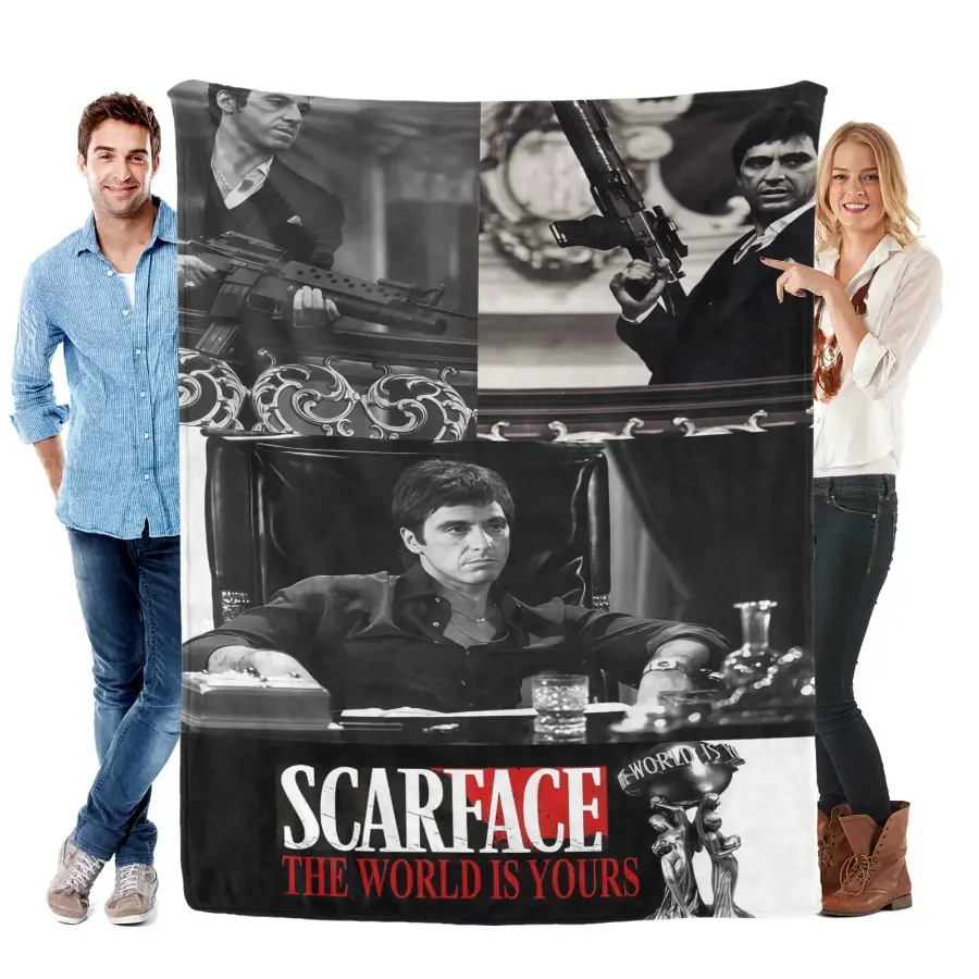 Scarface The World Is Yours Traditional Flannel Printed Blanket - Premium Soft, Wrinkle-Resistant, Breathable, Durable Throw for Classic Crime Film Fans, Indoor Room Decor (Birthday, Christmas)