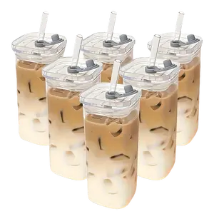 4/6/8pcs Square Glass Cups with Lids, 13oz, Perfect Coffee Cups, Include Straws, Gift for Cup Collectors, Great for Office, Home, School, And Outdoor Use, Weddings, BPA-Free, Comes with Cleaning Brush Tool