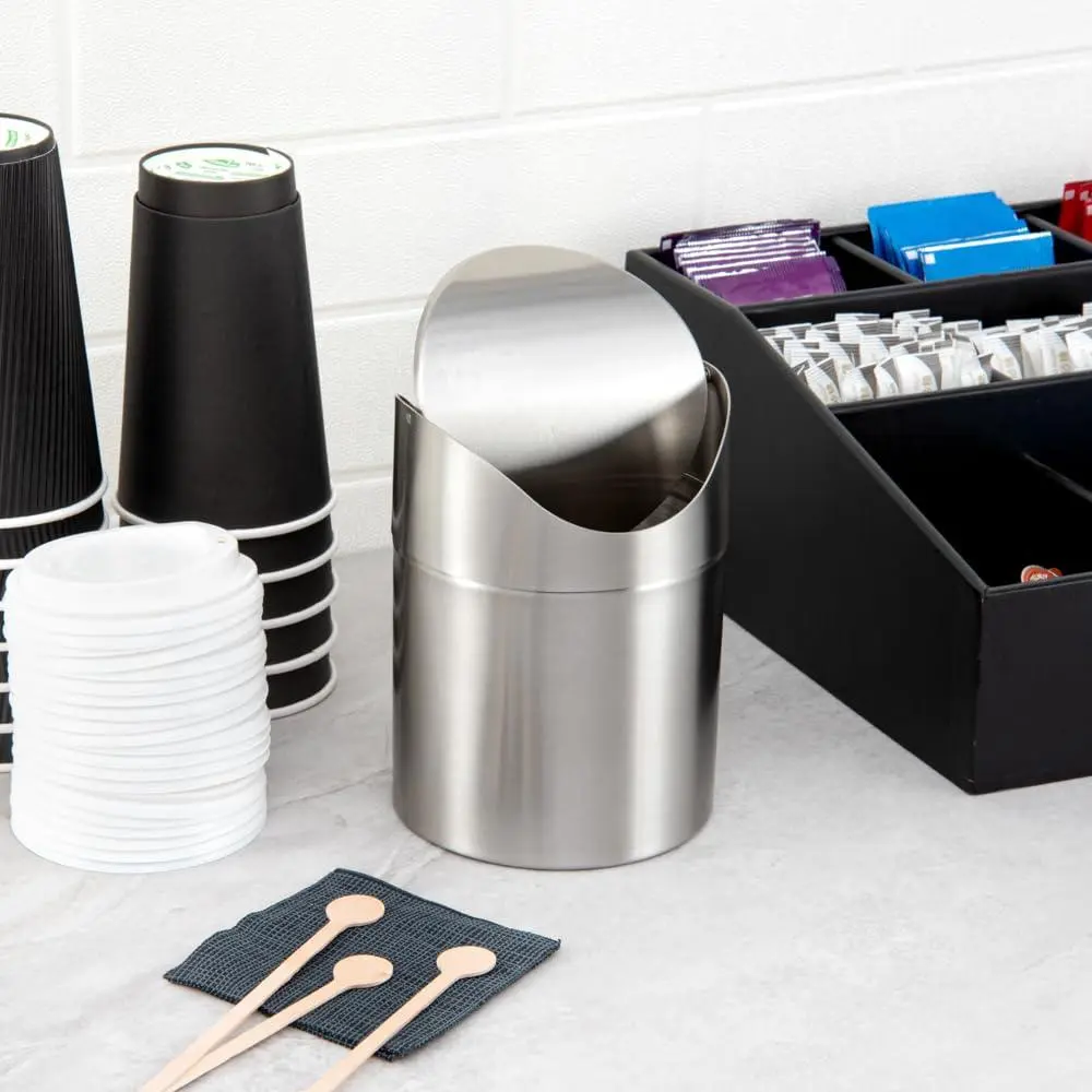 1pc Mini Trash Can, Stainless Steel Smooth Garbage Bin with Swing Lid, Trashcan With Lid, Small Countertop Trash Can for Home, Office, Kitchen, Vanity Tabletop, Bedroom, Car, Garbage Can For Bathroom