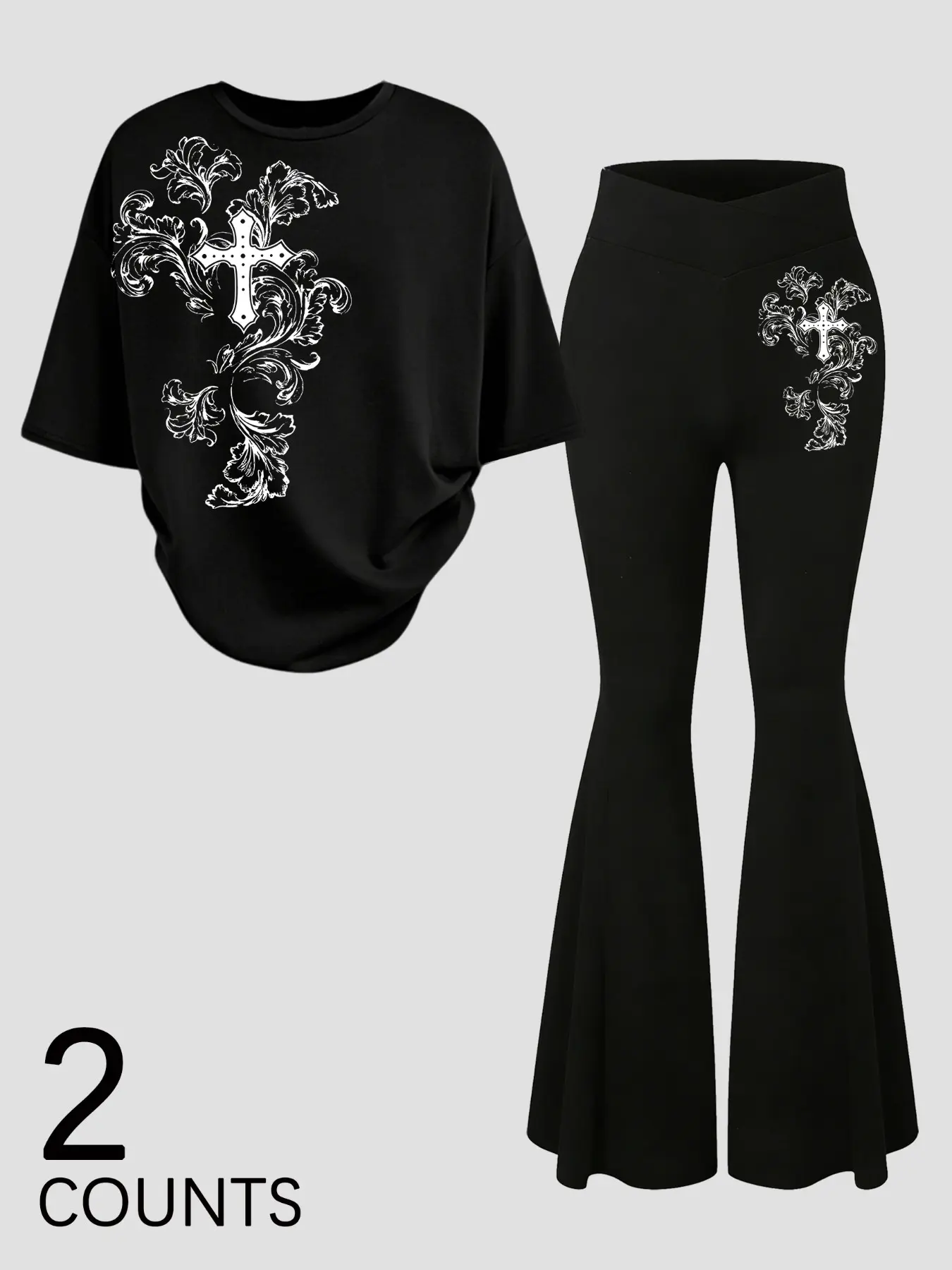 Two-piece set of leggings and t-shirt with Gothic floral cross, Short Y2K dark aesthetic Casual style, perfect for young people's everyday summer street wear Outfit.