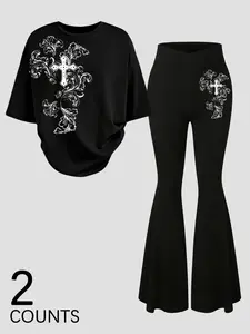 Two-piece set outfit of leggings and short sleeve fitted t-shirt with Gothic floral cross, Y2K dark aesthetic style, perfect for young people's casual everyday summer street wear.