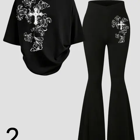 Two‑Piece Women's Streetwear Set, Y2K Dark Aesthetic T‑Shirt & Flared Pants with Gothic Floral Cross Print, for Young People Everyday Casual Summer Street Outfit