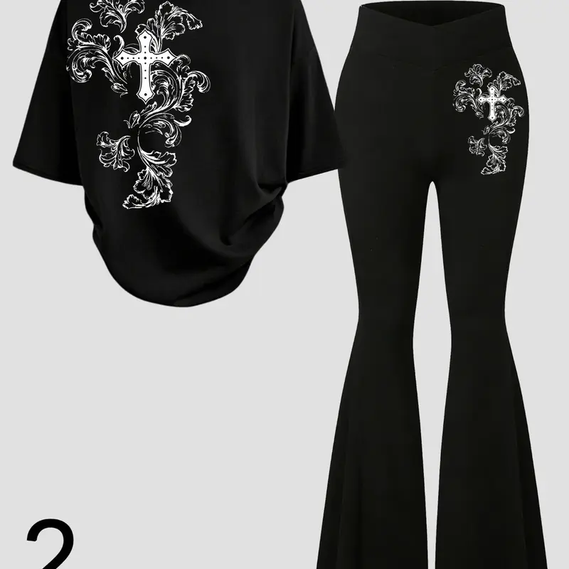 Two‑Piece Women's Streetwear Set, Y2K Dark Aesthetic T‑Shirt & Flared Pants with Gothic Floral Cross Print, for Young People Everyday Casual Summer Street Outfit