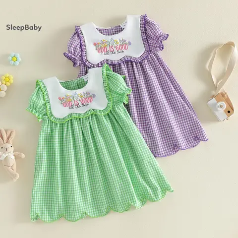 Baby Clothes Girl Cotton Blend A-Line Dress - Short Sleeve Sailor Collar, Smocked for Fit, Floral Embroidery, Letter Detailing, Casual Easter Charm, Toddler Easter Dresses for Photo Days