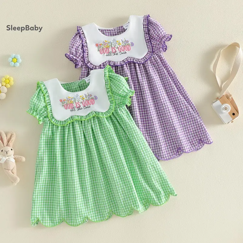 Baby Clothes Girl Cotton Blend A-Line Dress - Short Sleeve Sailor Collar, Smocked for Fit, Floral Embroidery, Letter Detailing, Casual Easter Charm, Toddler Easter Dresses for Photo Days