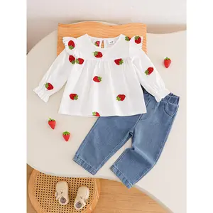 2026 Children's Clothing Little Strawberry Embroidered Dress Girls' Jeans Set