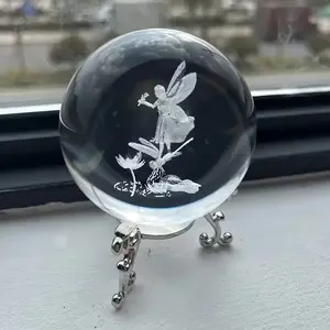 Elegant Wedding Gift & Home Decor, 3D Laser Engraved Fairy Dragonfly Glass Ball, 2.3 Inch Crystal Sphere with Metal Base