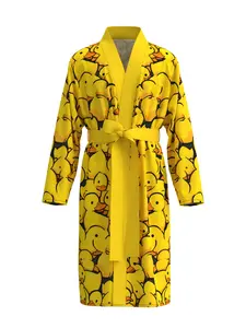 New men's bathrobe, thin and skin-friendly 3D full-printed yellow little duck, mid-length bathrobe for all four seasons, home pajamas for men Belted lounge robe