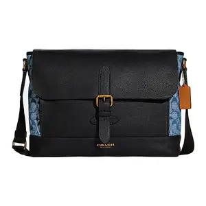 COACH Hudson35 Monogram Patchwork Messenger Bag for Men, Silk-Blend Woven, Large, Black and Denim