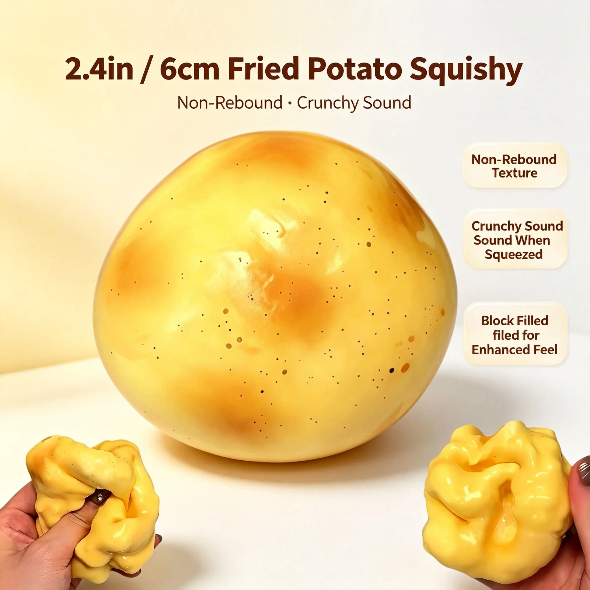 2.4 Inch (6cm) Crunchy Potato Squeeze Fidget Toy, No-Bounce Inner Blocks for Crispy Sound, Calming Stress Relief Sensory Tool, Great Party & Birthday Gift for Teens Adults