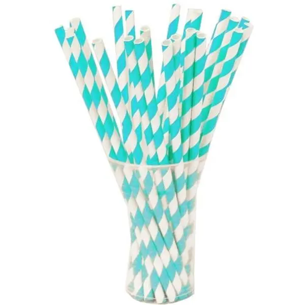 Aqua Blue Striped Paper Straws | 7.75 in. | 25 Count