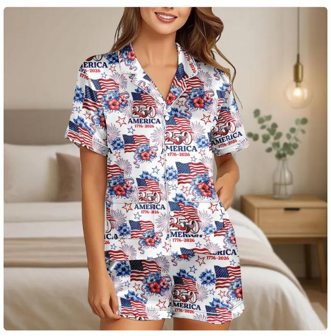 Retro Usa 250 Satin Pajamas, Independence Day Women Pajamas, Celebrate 250th Anniversary Usa Flag Pjs Set, 4th Of July Patriotic Gift, Pajama Family Pajama for her women