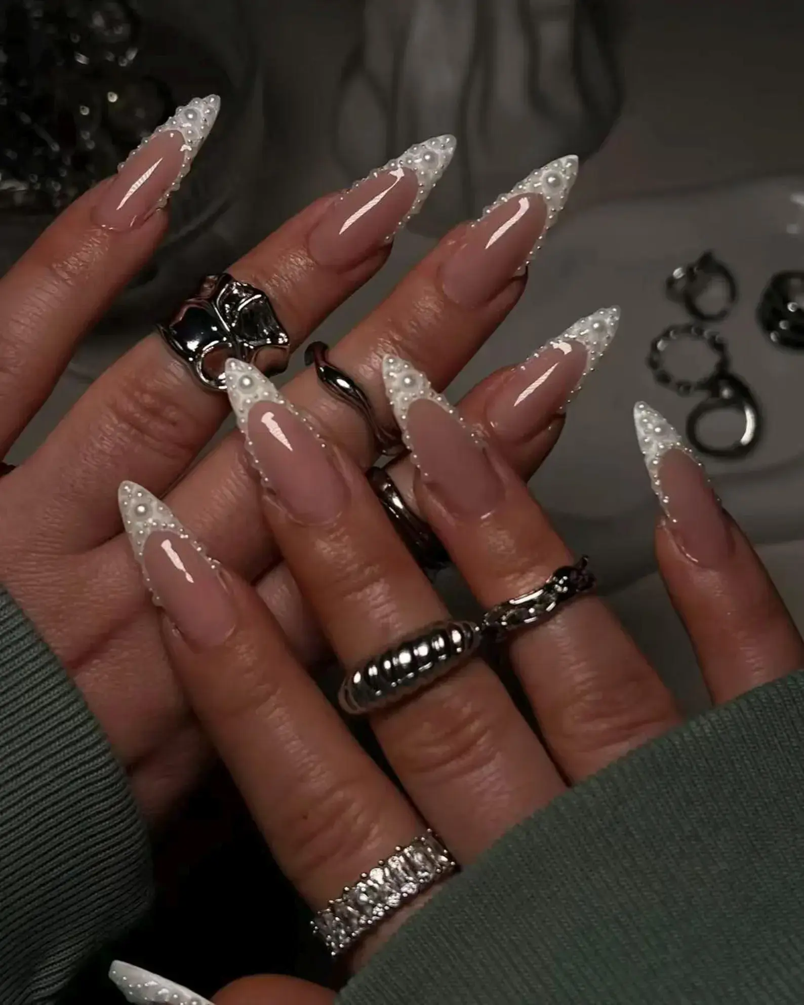 Pearl French Tip Press On Nails, Bridal Nails, Elegant Wedding Nails, White Pearl Nails, Classy Almond Press Ons