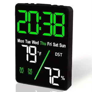 5.5-Inch Large Digital Thermometer Moisture Meter Alarm Clock-Indoor Humidity and Temperature Measurement, with LED Display, Adjustable Brightness, Double Alarm Clock, Snooze, USB Power Supply (without Battery), indoor Climate Monitor