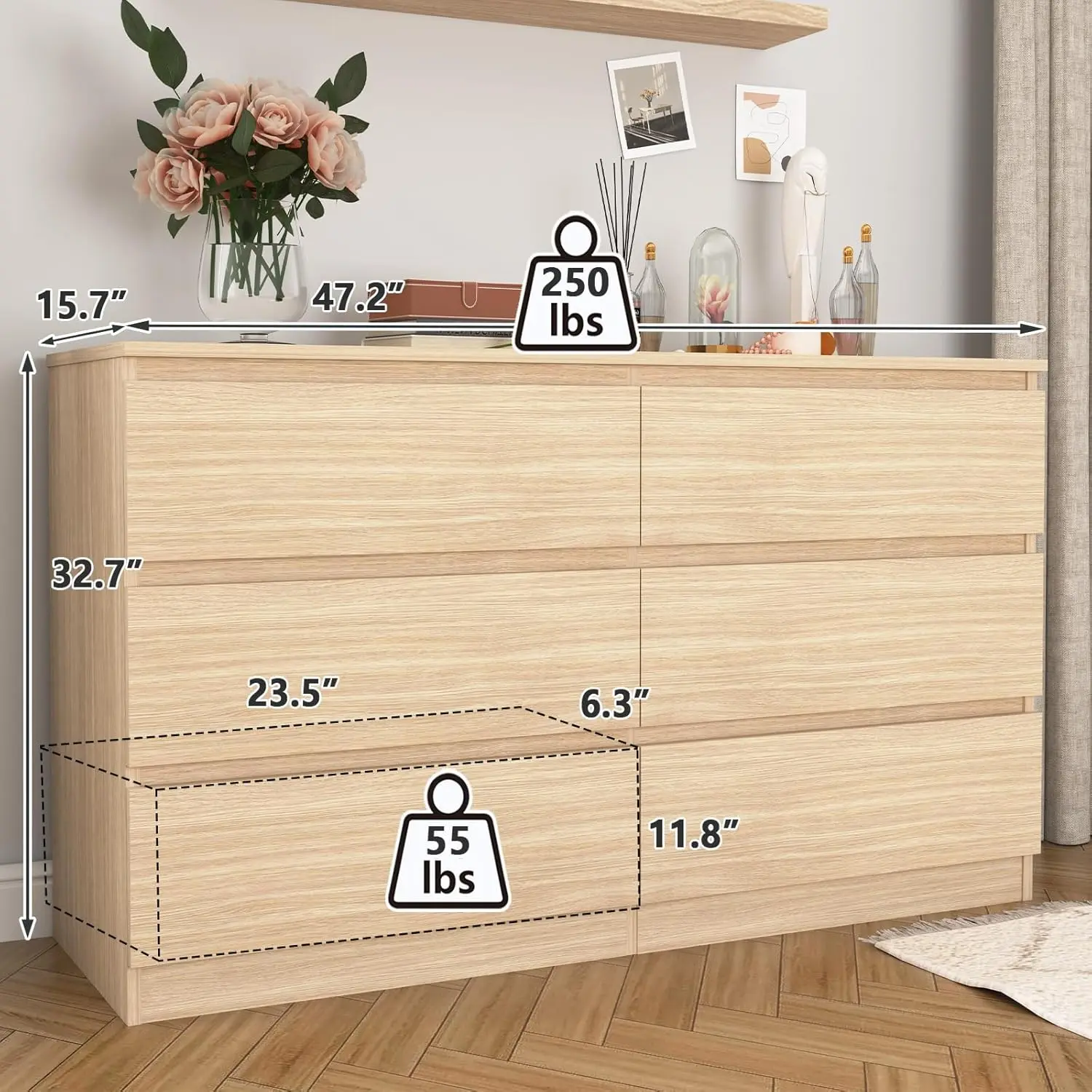 Light Wood -6 Drawers(15.8"D x 47.2"W x 28"H)