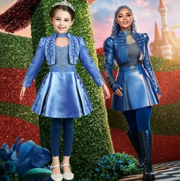 Kids Chloe Costume Outfit, Descendants Cosplay Blue 4 Piece Set, Girls Halloween Party Role Play Costume, Long Sleeve Jacket, Sparkly Tank Dress, Leggings, Skirt, Children Fancy Dress for Carnival