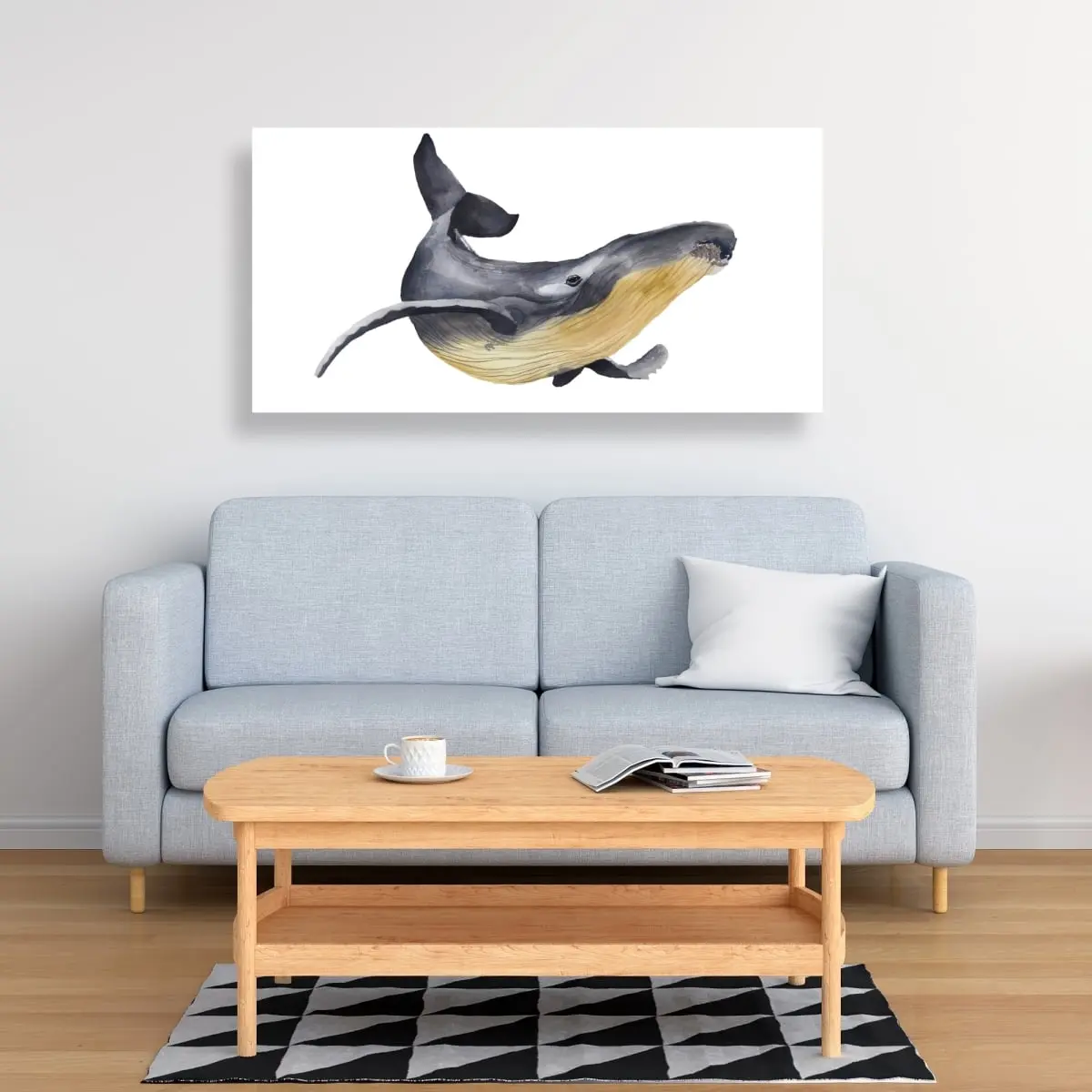 24x48 in Coastal Gray Blue Whale Watercolor Wall Print - 360 Stand, High-Definition Nature Art, Accent Wall Decorative Home Inspo, Living Room Beach Painting Photo Post Idea
