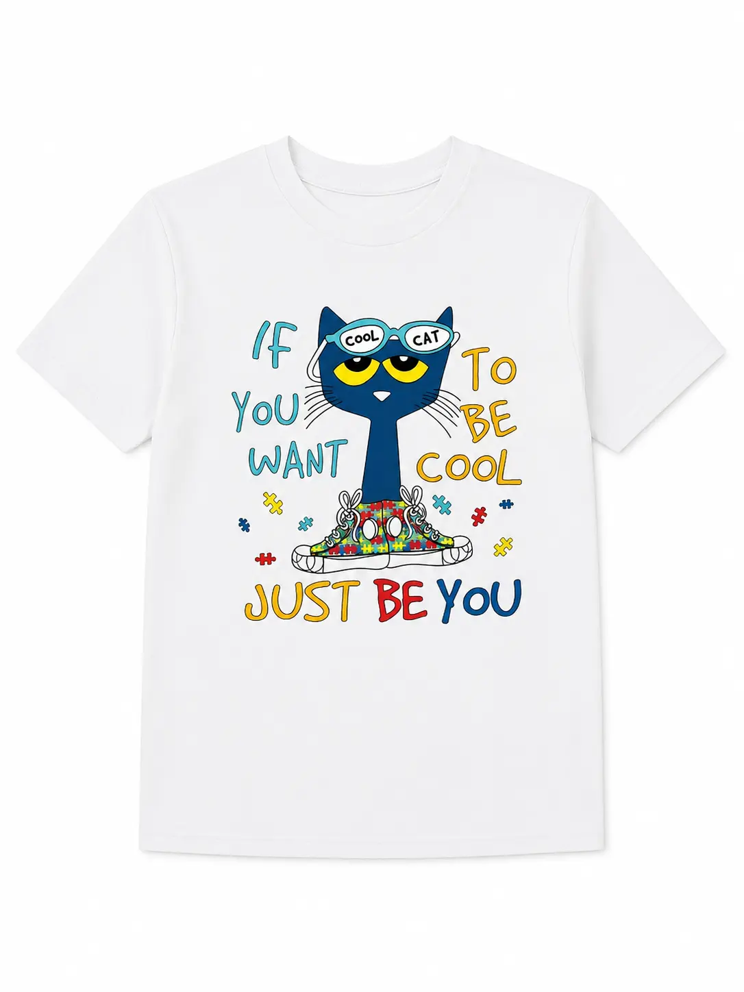 T-Shirts Cool Cat Just Be You Shirt, Cute Cat Graphic Tee, Positive Quote T Shirt, White Short Sleeve Cotton Top