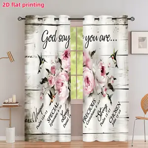 2D Flat 2Pcs Religious Bible Verses Printed Curtains, Hummingbirds And Pink Roses Floral Design, God Says You Are Inspirational Quotes, Grommet Top, Semi Sunshade, For Living Room Bedroom Study Window Decor, Accessory, Anti Privacy.