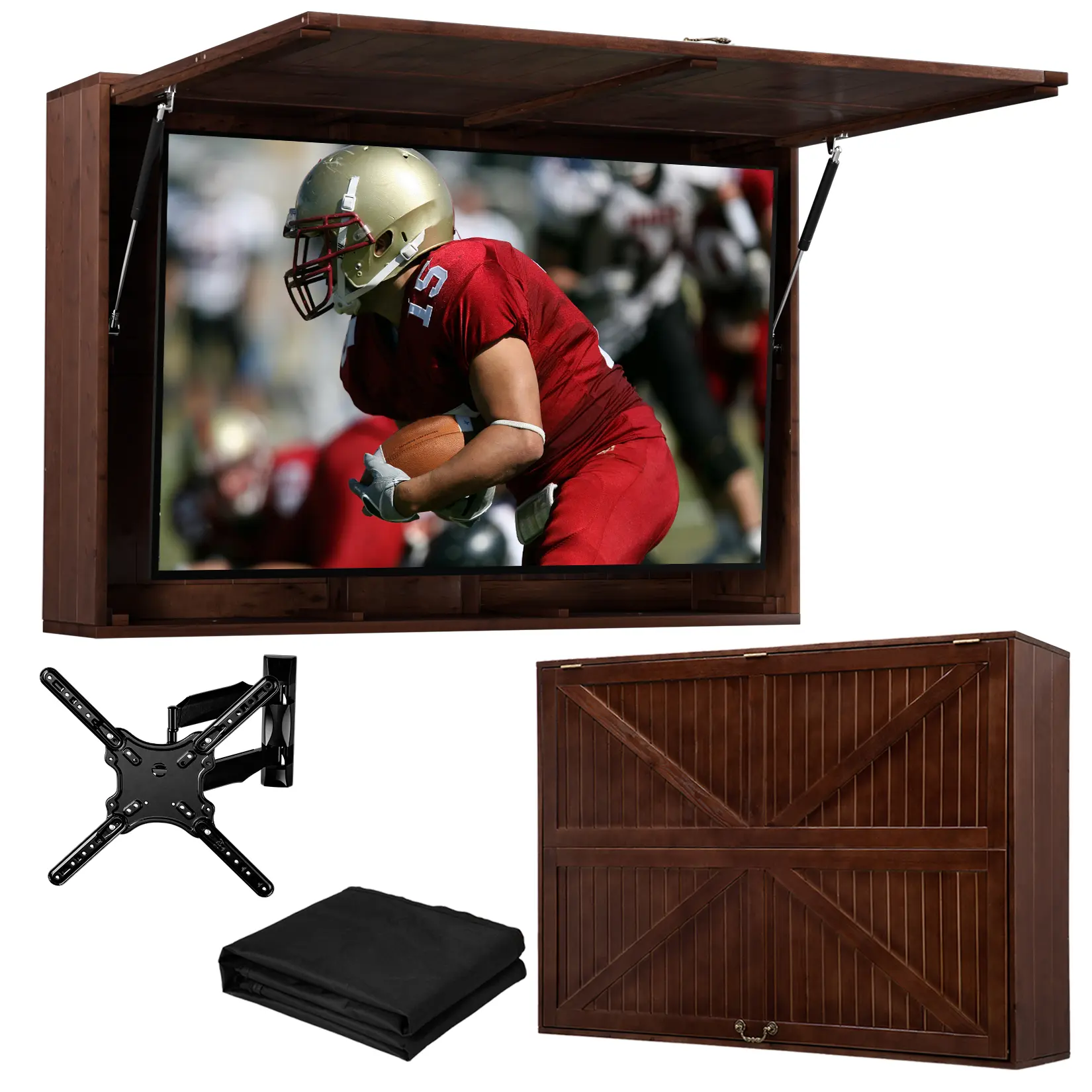 AHB Solid Wood Weatherproof TV Stand Furniture, 32-55 in Enclosure with 600D Water-Resistant Cover, Flip-Up Door Hard Case, Wall Mount Bracket, Dual Protection Wooden TV Console